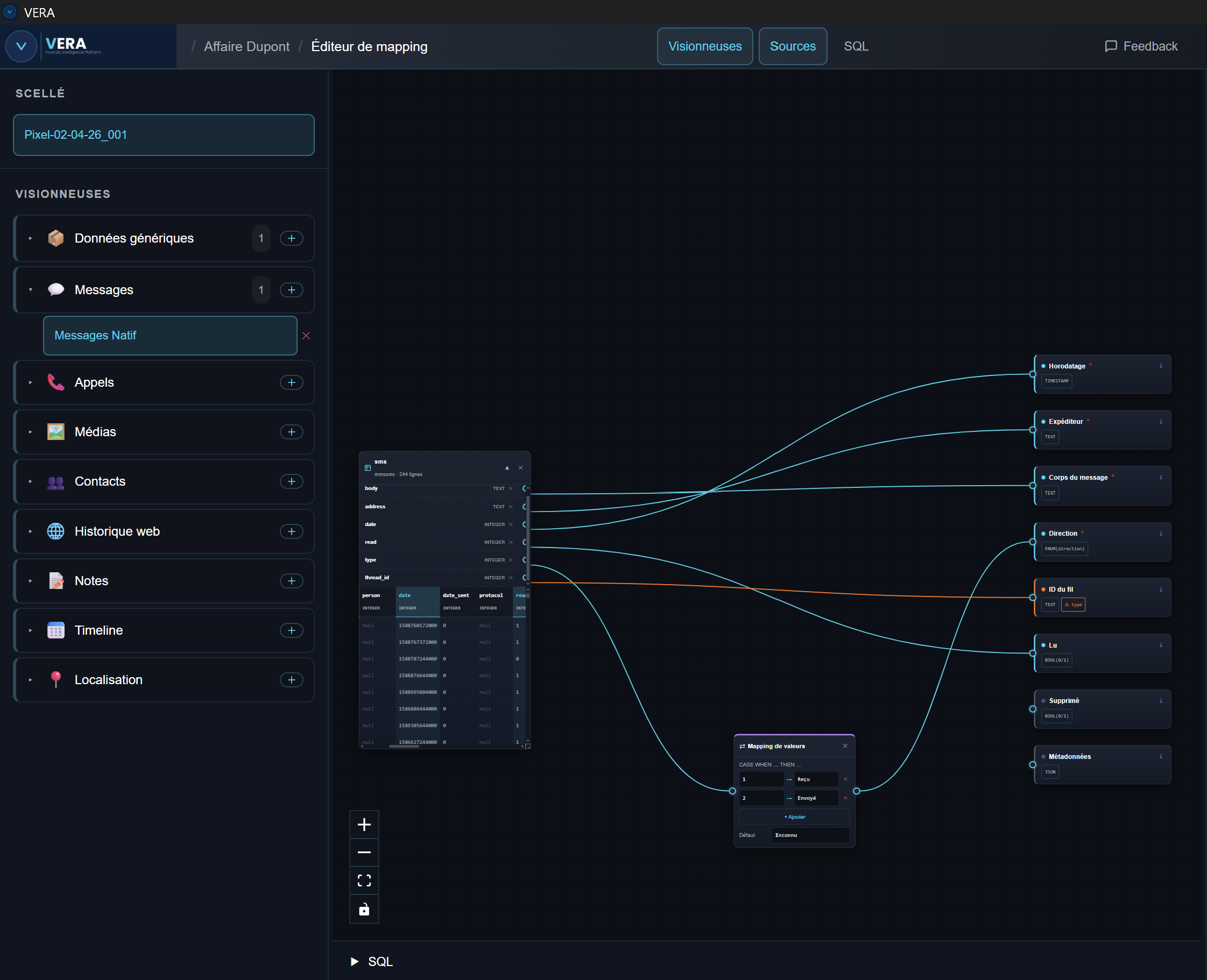The VERA mapping editor: a source table on the left connected by curves to the fields of a messaging viewer on the right, with a value transformation between them